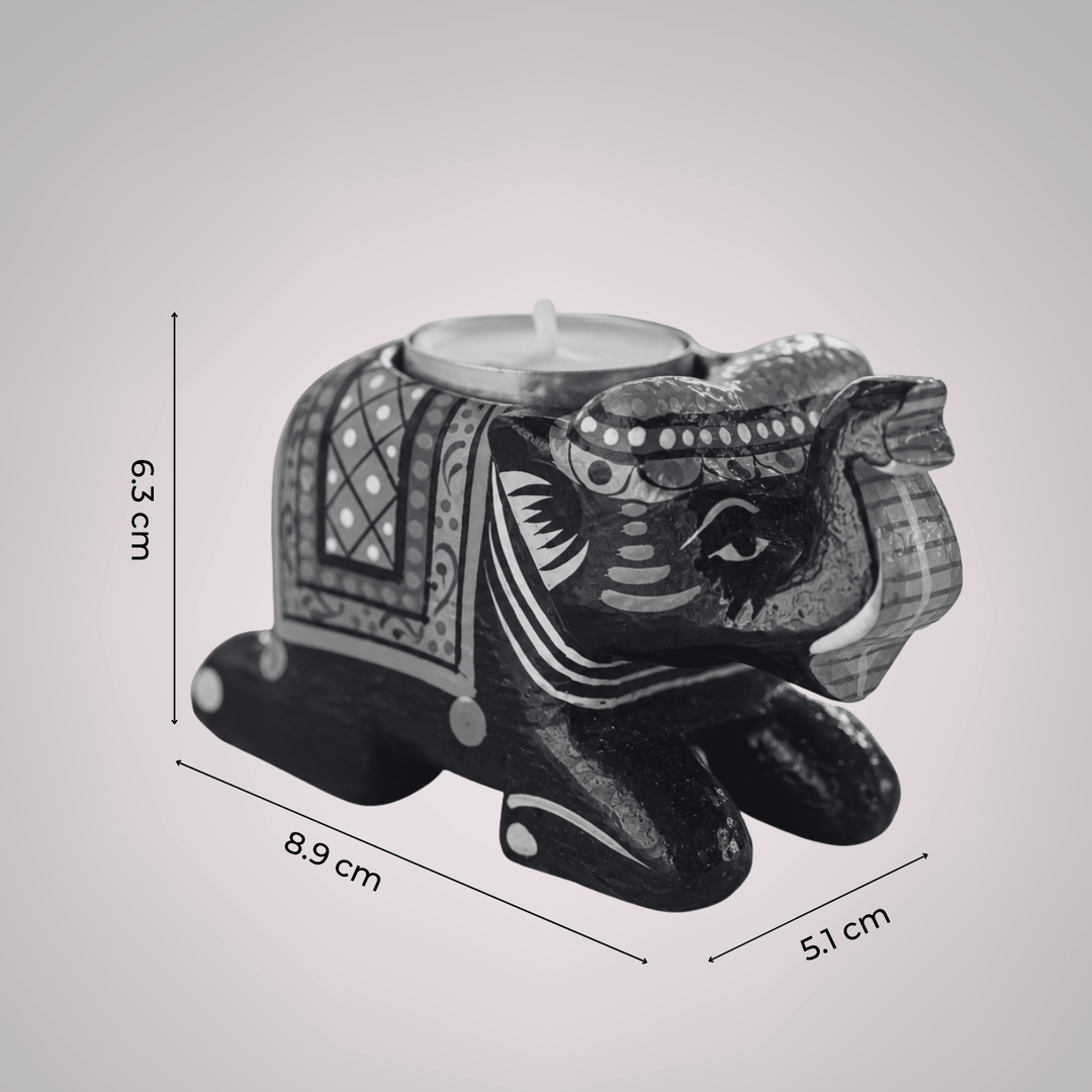 Handmade Black Elephant 3D Wooden Tealight Holder For Festive Golu Decor