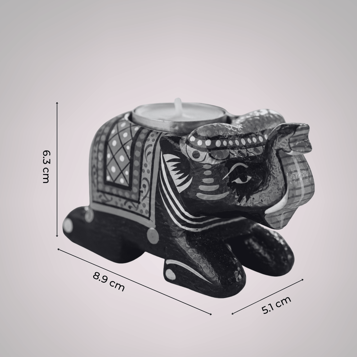 Handmade Black Elephant 3D Wooden Tealight Holder For Festive Golu Decor