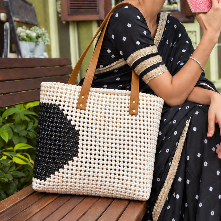 "Retro Polka" White With Black Semicircle Motif Handmade Wire Koodai Tote Bag With Tan Leather Handle