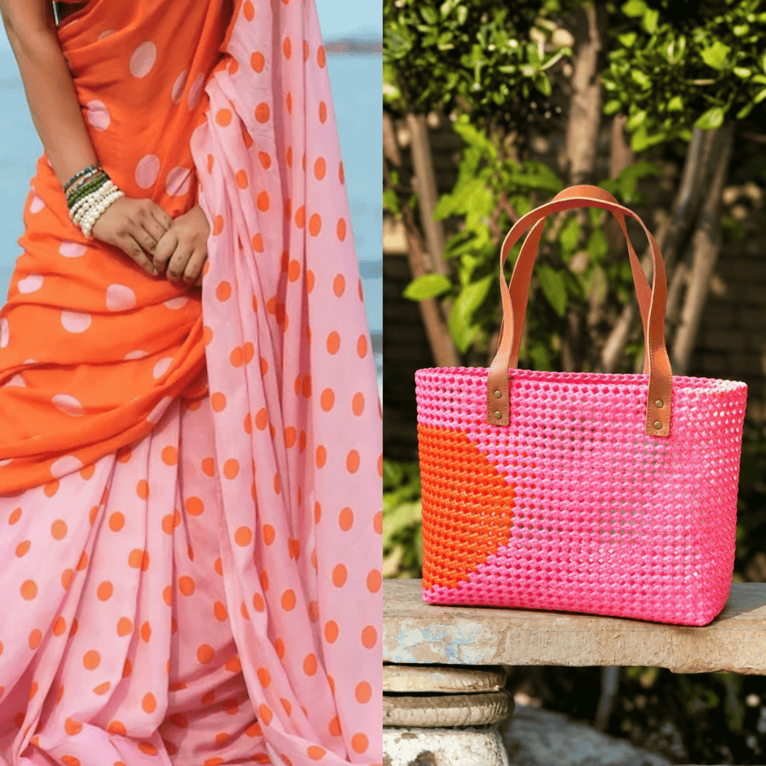 "Polka Twist" Pink And Orange Handmade Wire Koodai Tote Bag