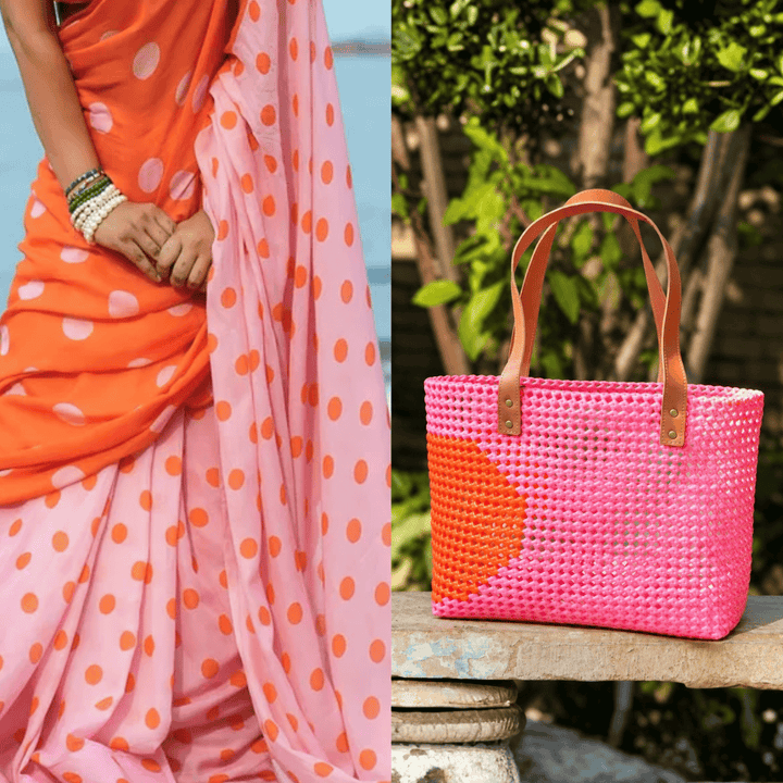 "Polka Twist" Pink And Orange Handmade Wire Koodai Tote Bag