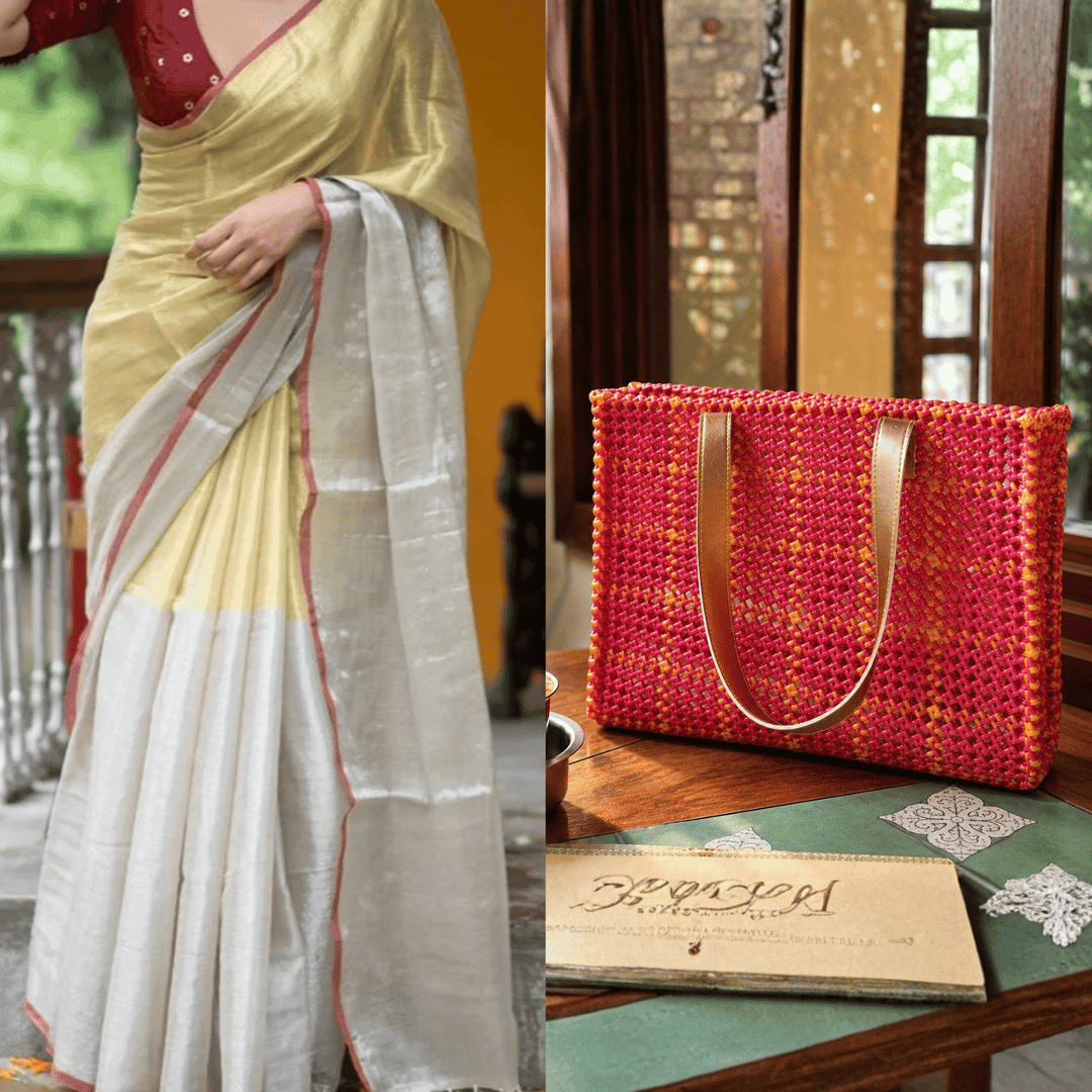 "Banarasi" Maroon & Gold Checks Handmade Wire Koodai Tote Bag