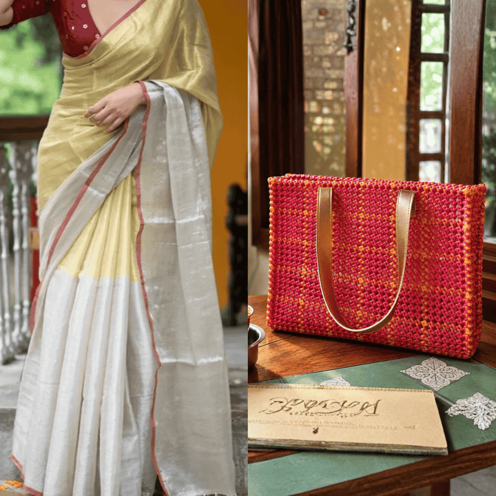 "Banarasi" Maroon & Gold Checks Handmade Wire Koodai Tote Bag