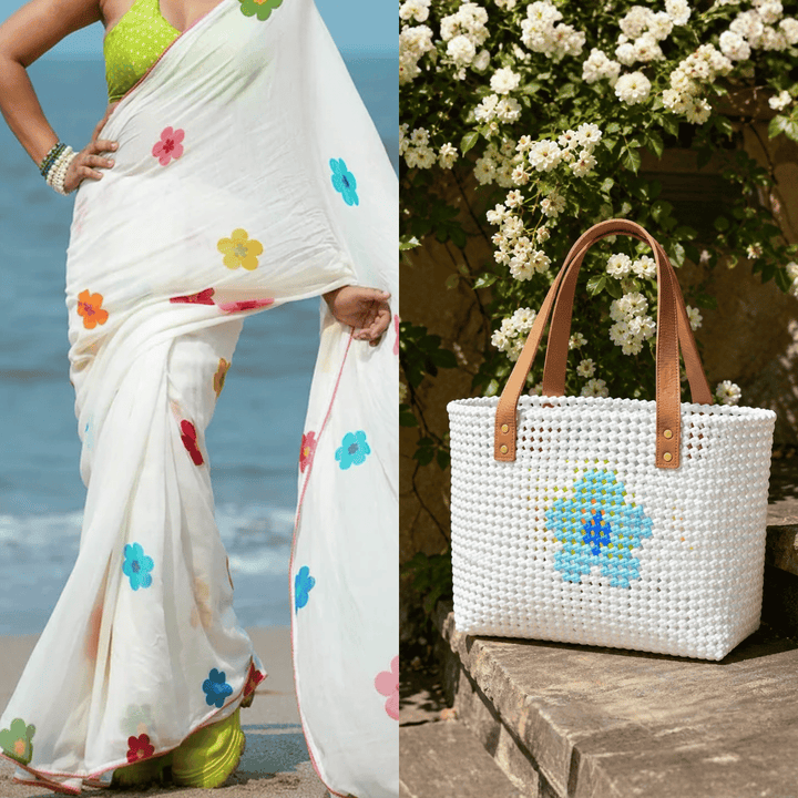 "Dual Colour Phool" Blue & Green Handmade Wire Koodai Tote Bag