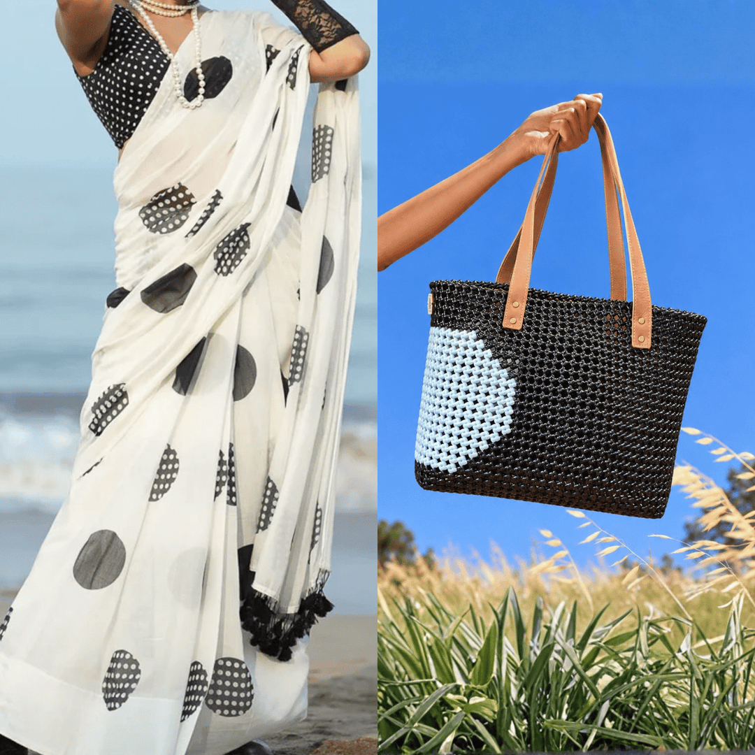 "Retro Polka" Black With White Semicircle Motif Handmade Wire Koodai Tote Bag With Tan Leather Handle