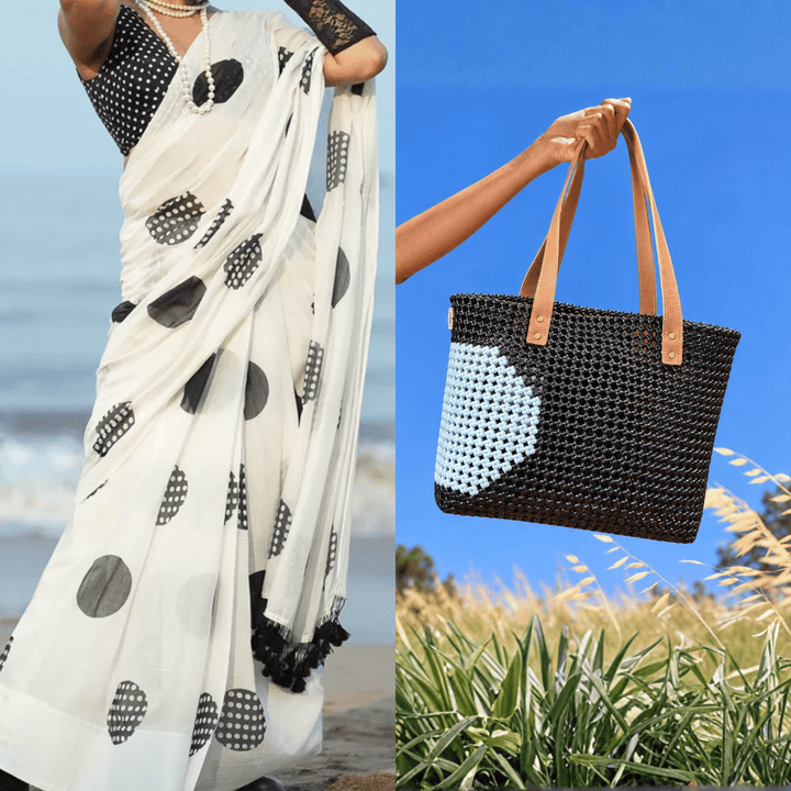 "Retro Polka" Black With White Semicircle Motif Handmade Wire Koodai Tote Bag With Tan Leather Handle