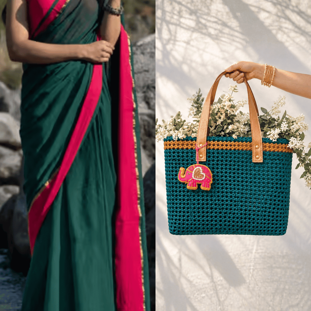 "Emerald" Green & Gold Handmade Wire Koodai Tote Bag With Cute Elephant Zardosi Charm