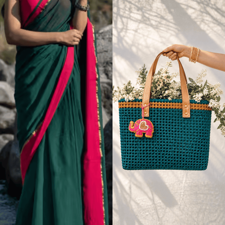 "Emerald" Green & Gold Handmade Wire Koodai Tote Bag With Cute Elephant Zardosi Charm