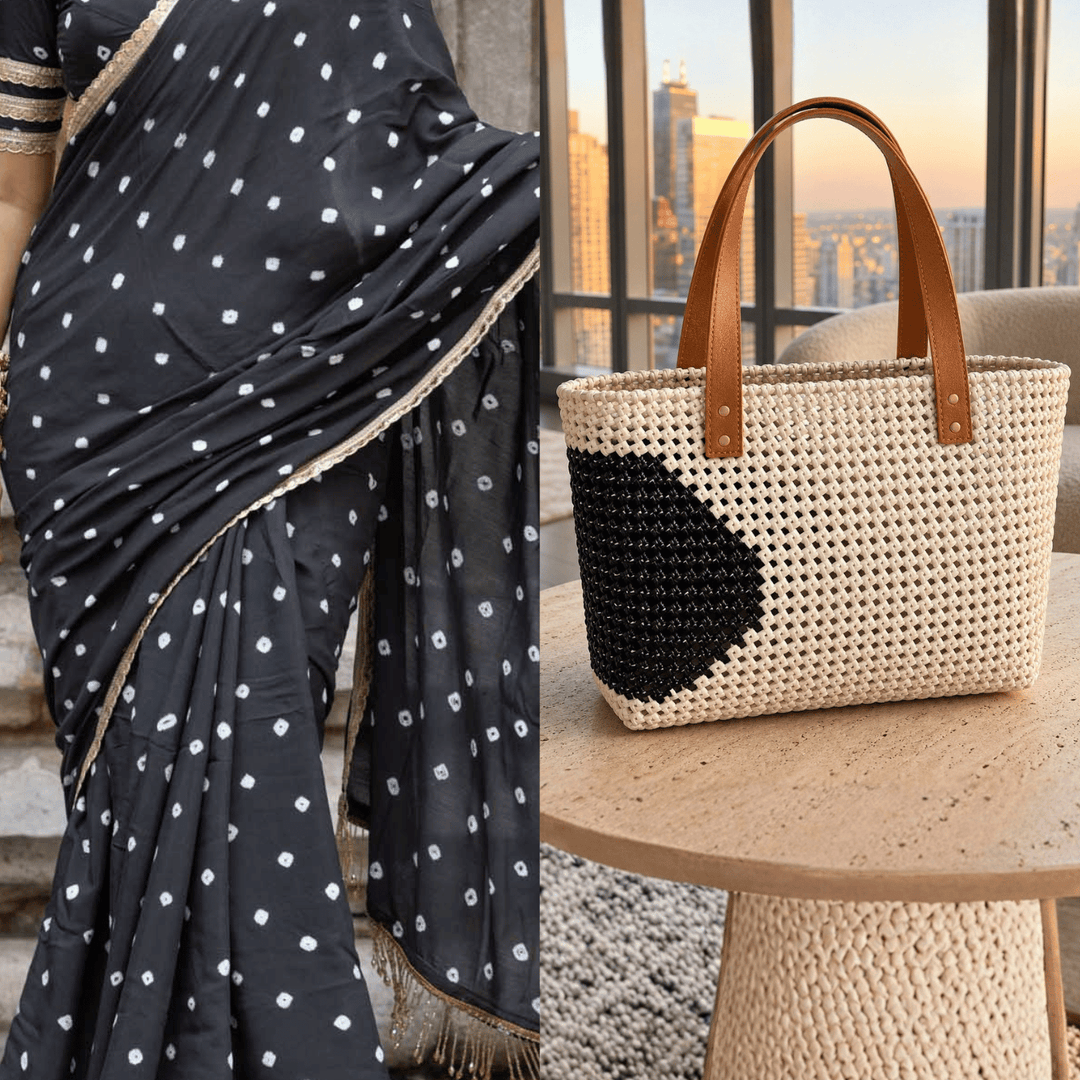 "Retro Polka" White With Black Semicircle Motif Handmade Wire Koodai Tote Bag With Tan Leather Handle