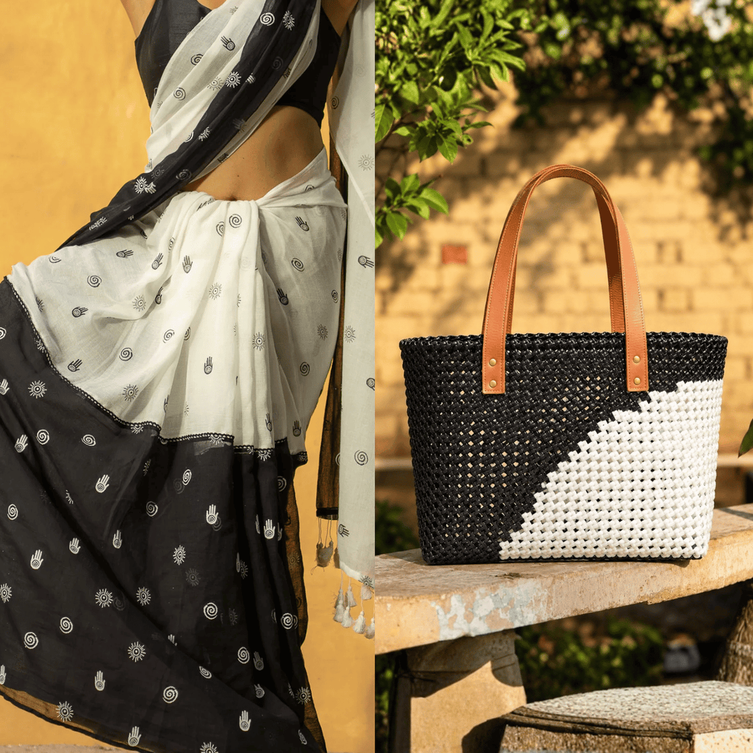 "Classic Vintage" Black & White Handmade Wire Koodai Tote Bag With Tan Leather Handle
