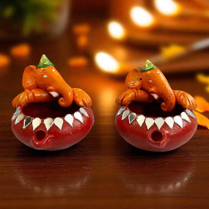 Set Of 2 | Handmade Painted Ganesh Design Terracotta Oil Lamp / Diya