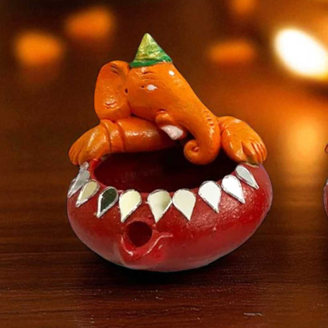 Set Of 2 | Handmade Painted Ganesh Design Terracotta Oil Lamp / Diya