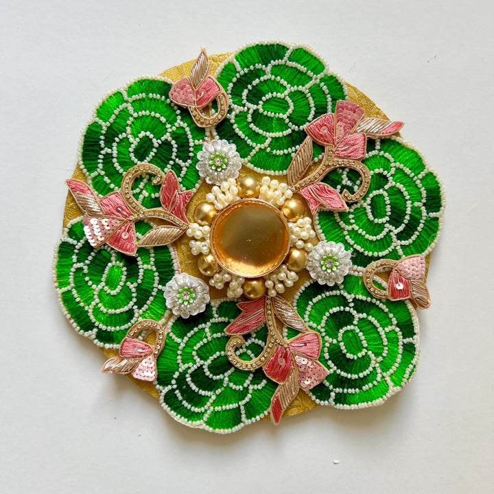 Handmade Beaded Green Rose Design Sequin Rangoli