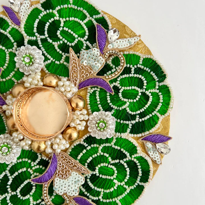 Handmade Beaded Green Rose Design Sequin Rangoli