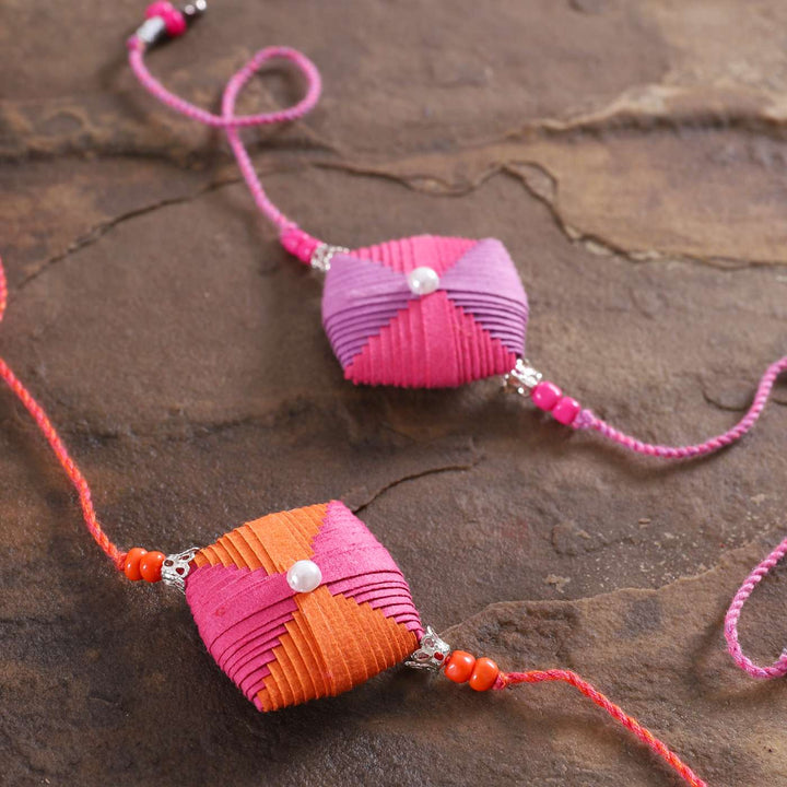 Handmade Beaded Paper Cushion Rakhi With Roli Chawal | Set of 2