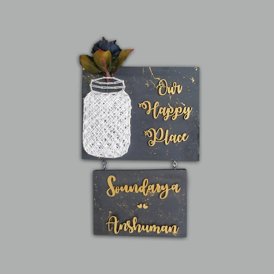 "Our Happy Place" Mason Jar String Art Personalised Name Plate