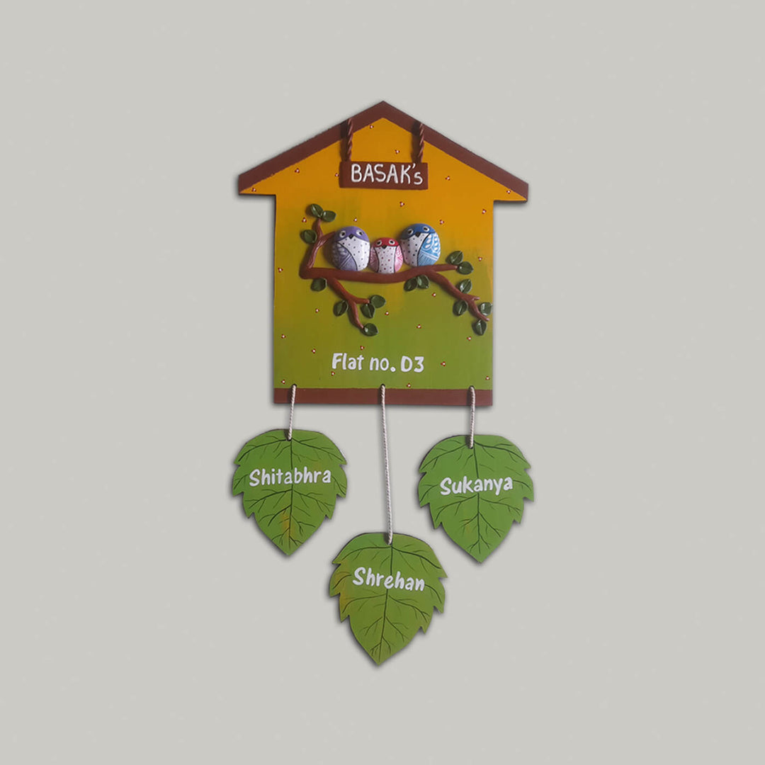 Handcrafted Personalised Leaf Themed Name Plate - Front View with Name Personalization