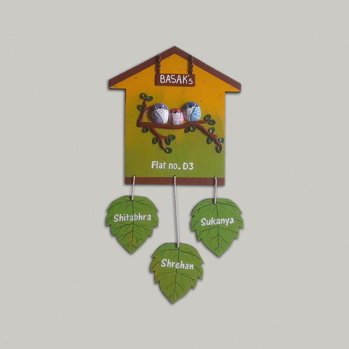 Handcrafted Personalised Leaf Themed Name Plate - Front View with Name Personalization