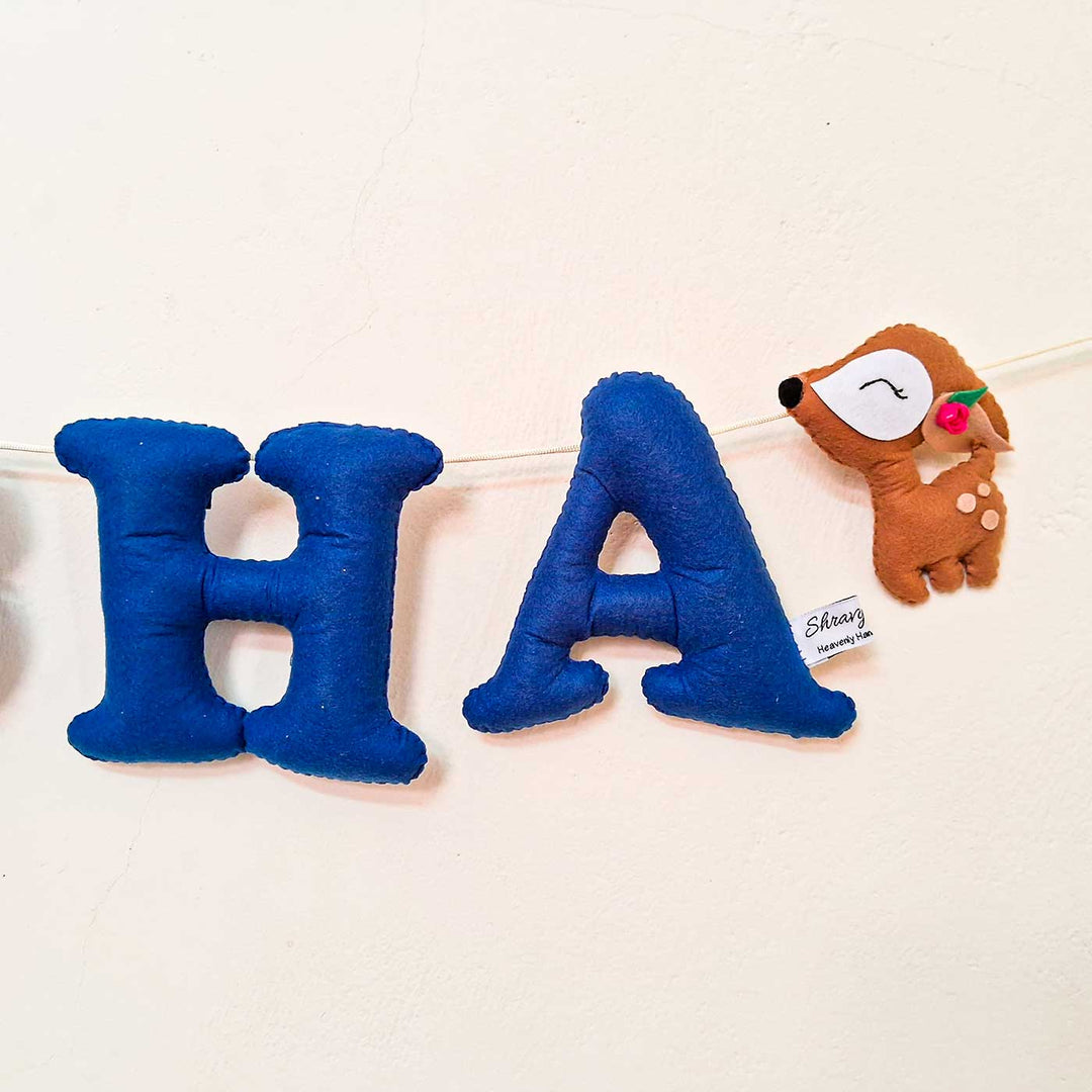 Personalized Peacock And Deer Themed Felt Bunting For Kids - Front View Hanging on String