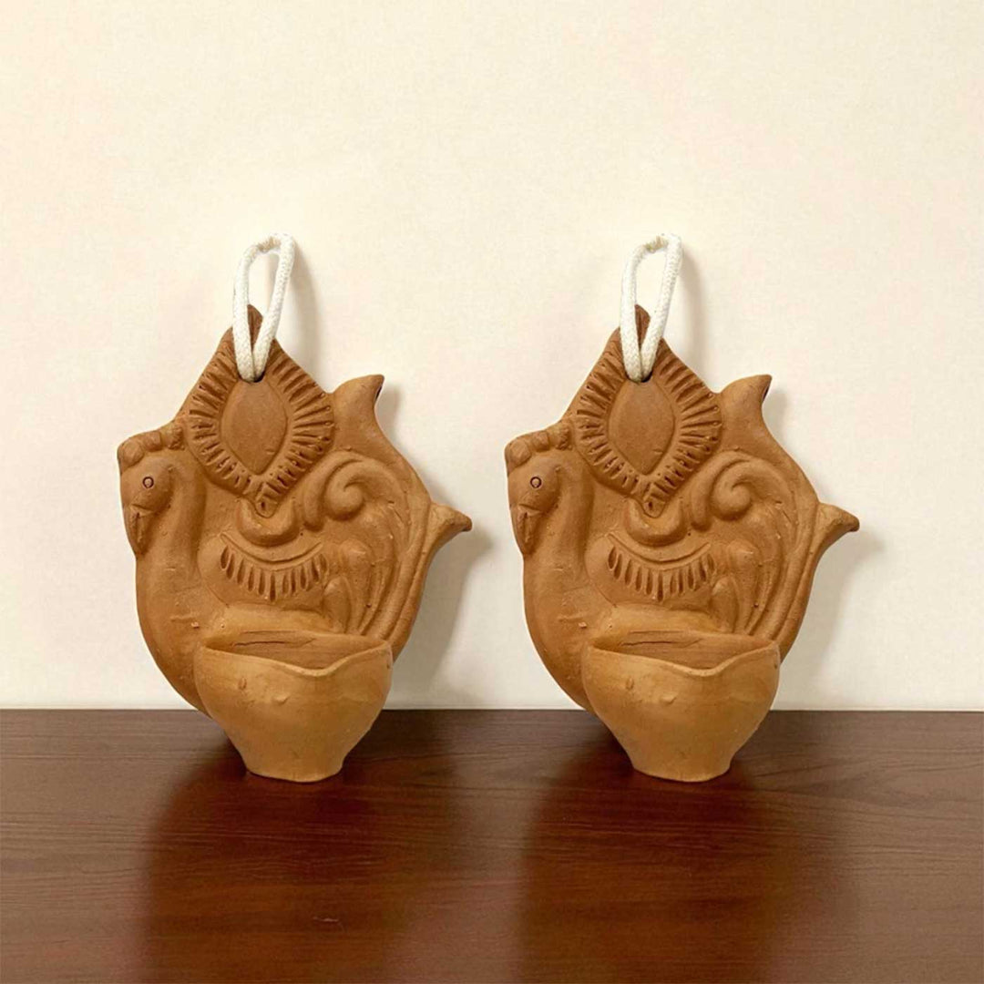Set Of 2 | Handmade Peacock Design Terracotta Oil Lamp / Diya