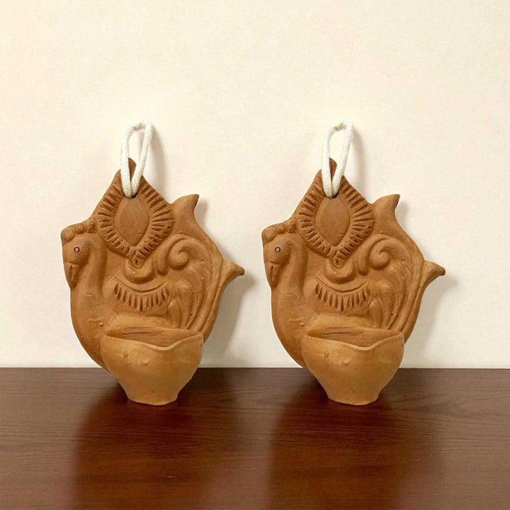 Set Of 2 | Handmade Peacock Design Terracotta Oil Lamp / Diya