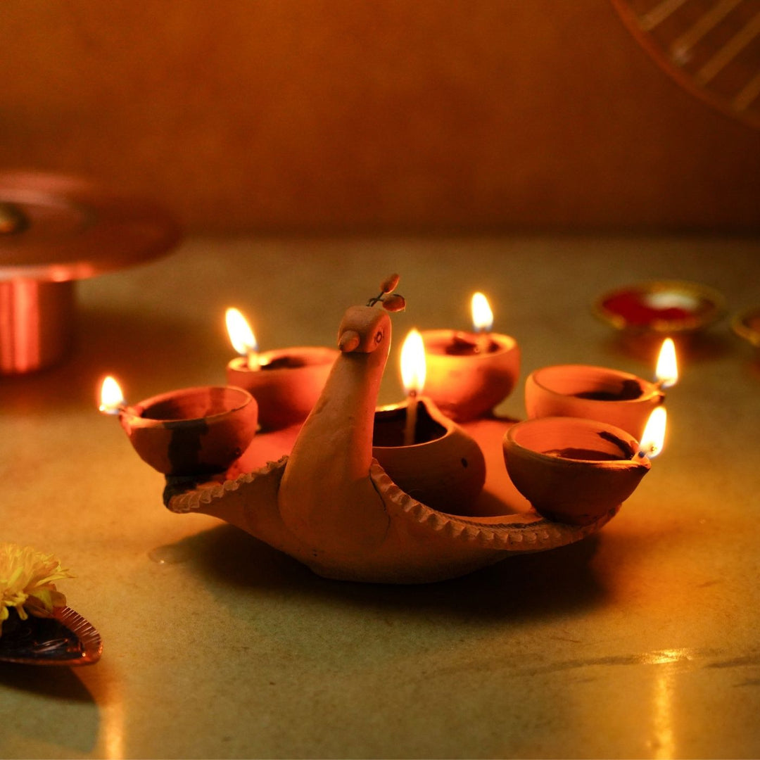 Handmade Peacock Terracotta Holder with 6 Diyas