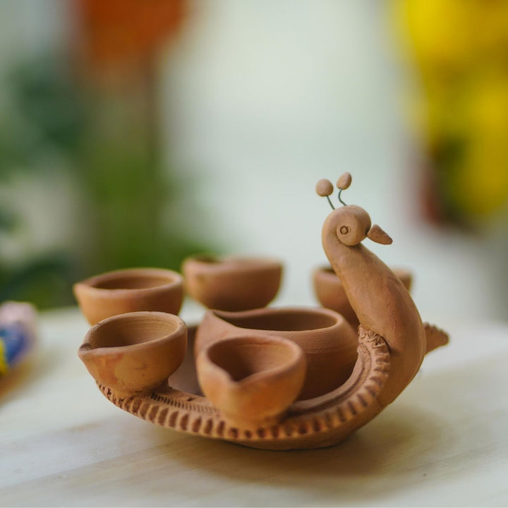 Handmade Peacock Terracotta Holder with 6 Diyas