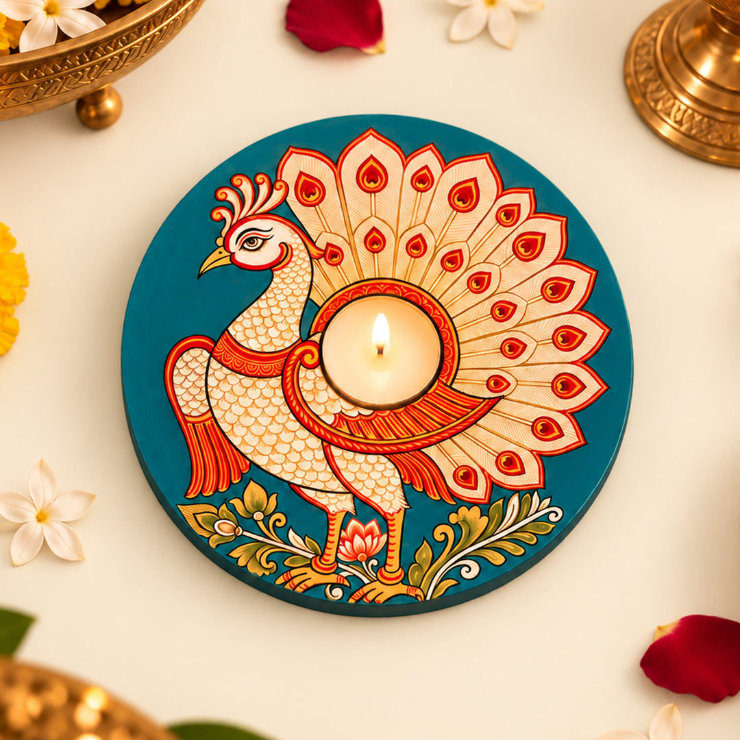 Handmade Mayur Peacock Motif MDF Wood Round Tealight Holder For Festive Decor