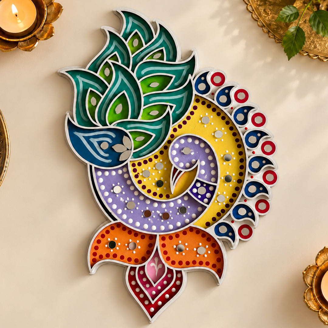 Hand-Painted Peacock & Paisley Mdf Rangoli With Mirror Work For Festive Decor