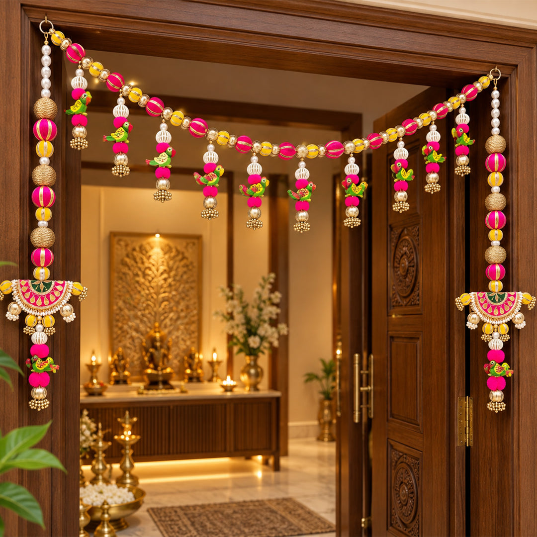 3 Pc | Handmade Parrot Toran & Side Hanging Set With Gota Patti & Zari Balls