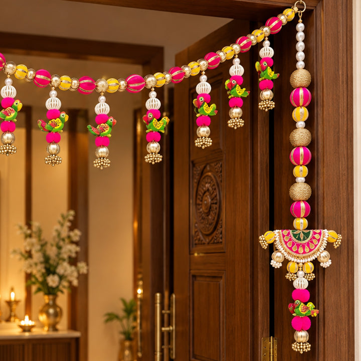 3 Pc | Handmade Parrot Toran & Side Hanging Set With Gota Patti & Zari Balls