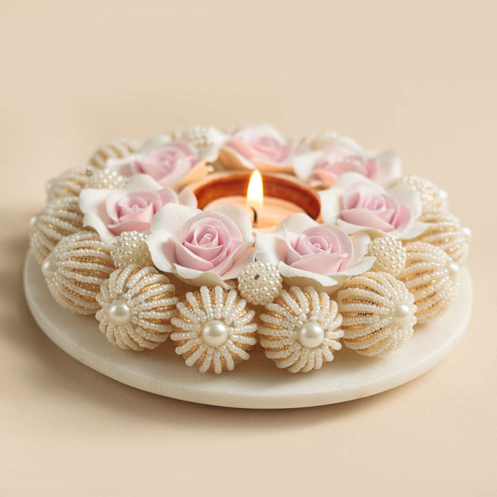 Handmade Rose & Pearl Deco Clay & Marble Tealight Holder
