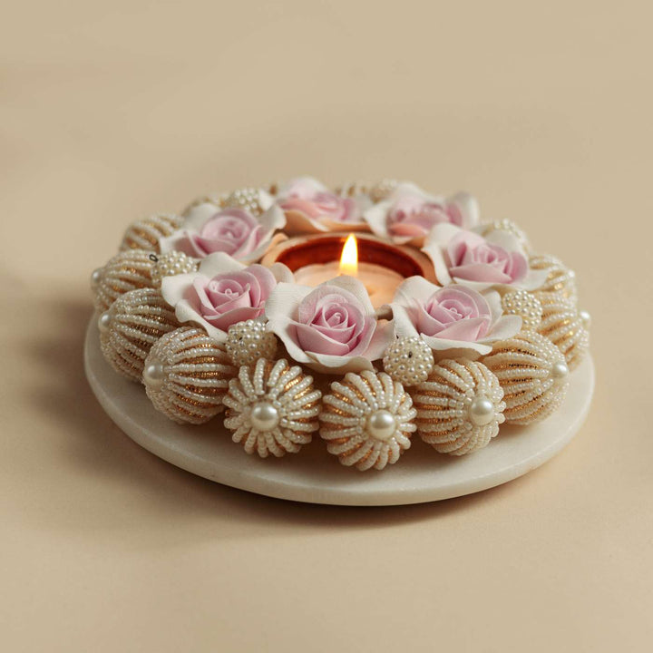 Handmade Rose & Pearl Deco Clay & Marble Tealight Holder