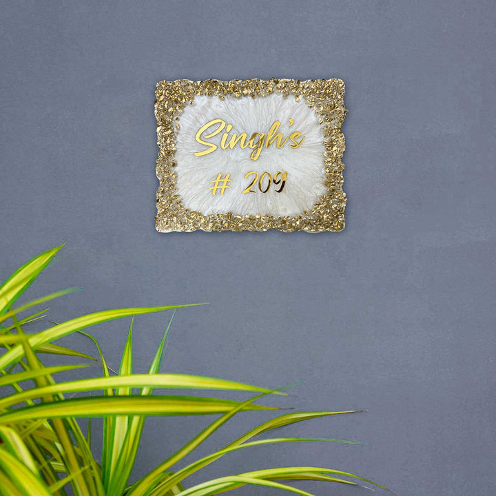 Personalized Resin White & Gold Crystals Theme Name Plate