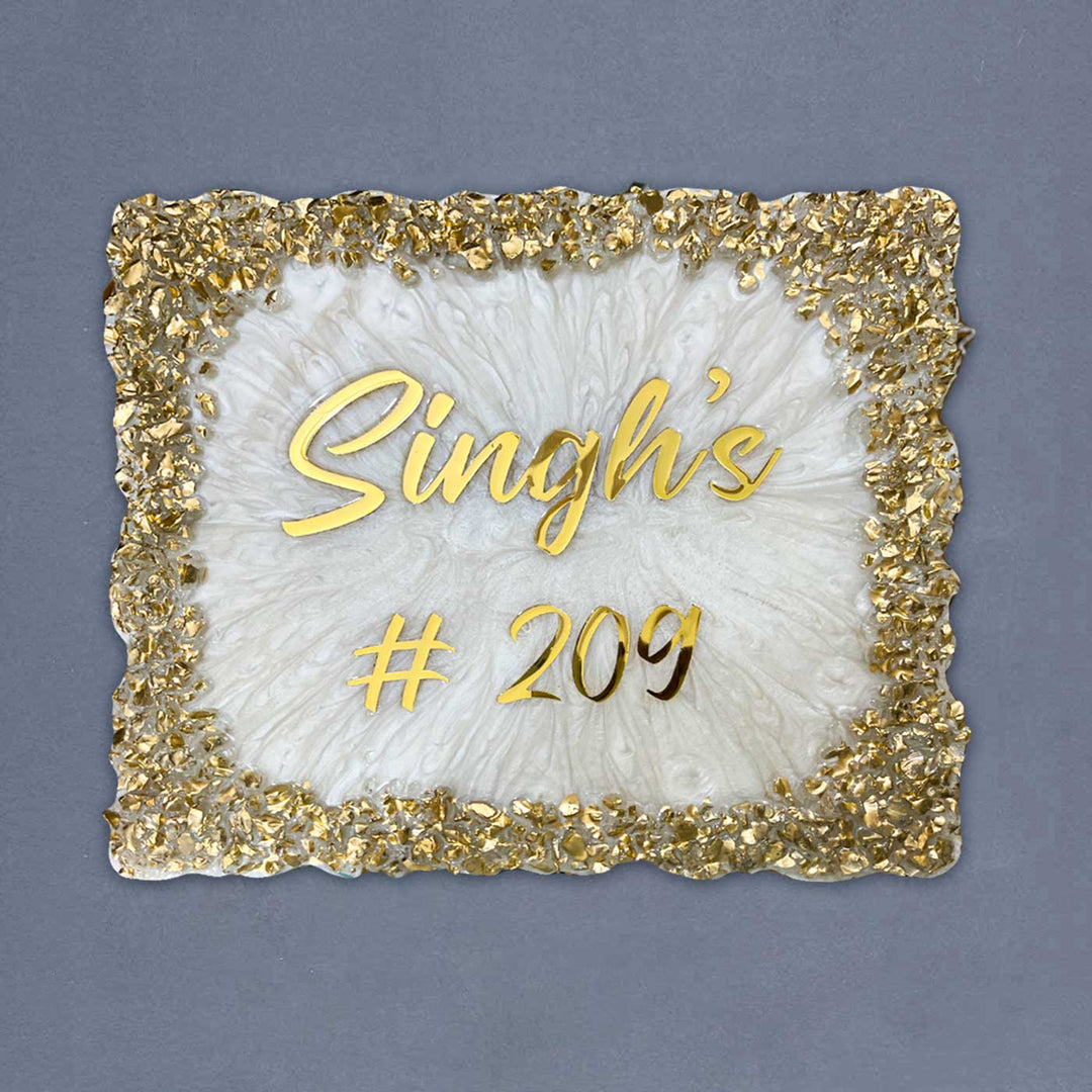 Personalized Resin White & Gold Crystals Theme Name Plate