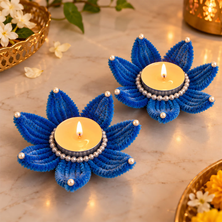 2 Pc | Handmade Pipe Cleaner & Pearl Mini Round Tealight Holders For Festive Decor