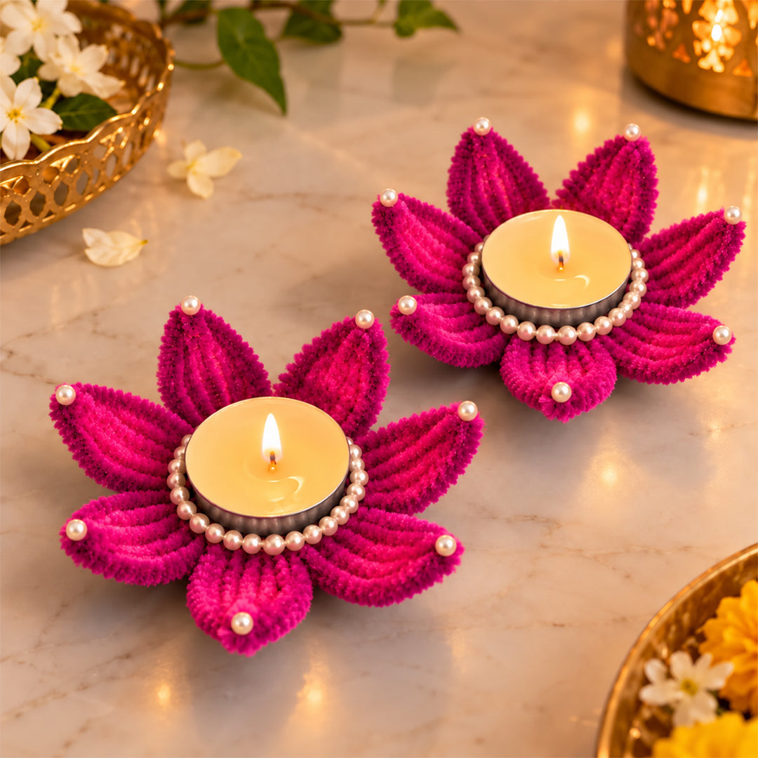 2 Pc | Handmade Pipe Cleaner & Pearl Mini Round Tealight Holders For Festive Decor