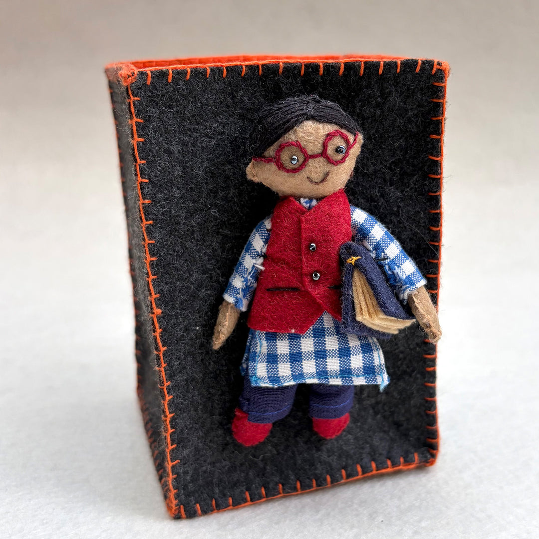 Handmade Dark Grey & Orange Pen Stand with Detachable Azad Doll
