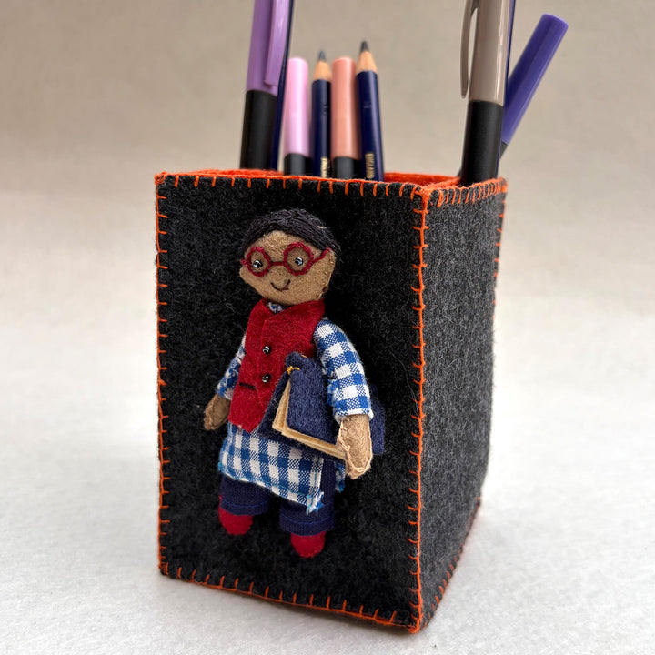 Handmade Dark Grey & Orange Pen Stand with Detachable Azad Doll