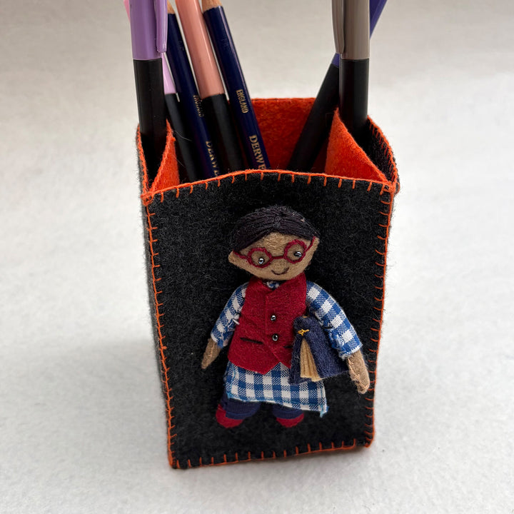 Handmade Dark Grey & Orange Pen Stand with Detachable Azad Doll