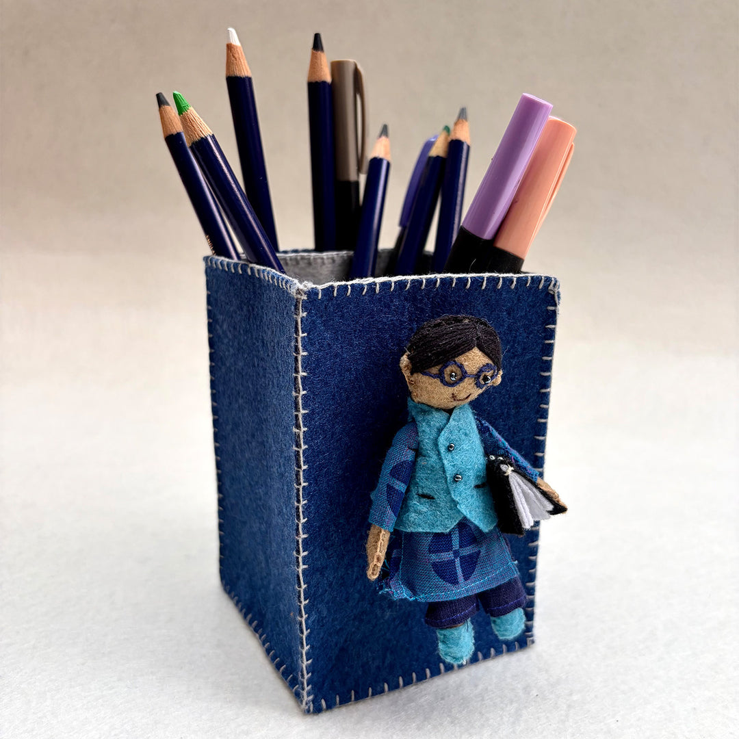 Handmade Navy Blue Pen Stand with Detachable Azad Doll