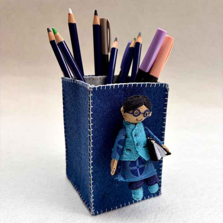 Handmade Navy Blue Pen Stand with Detachable Azad Doll
