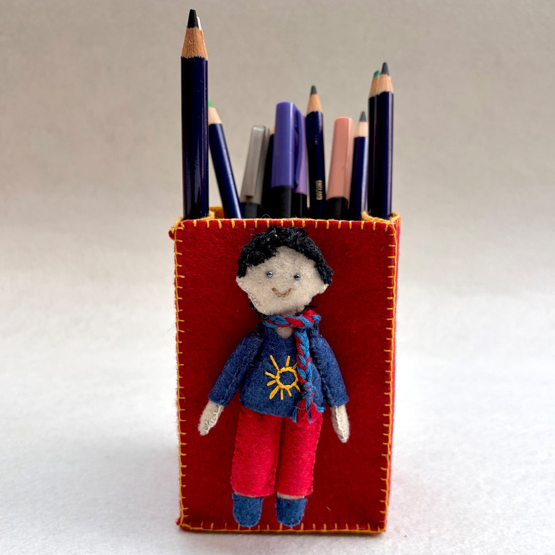 Handmade Maroon & Yellow Pen Stand with Detachable Joy Doll
