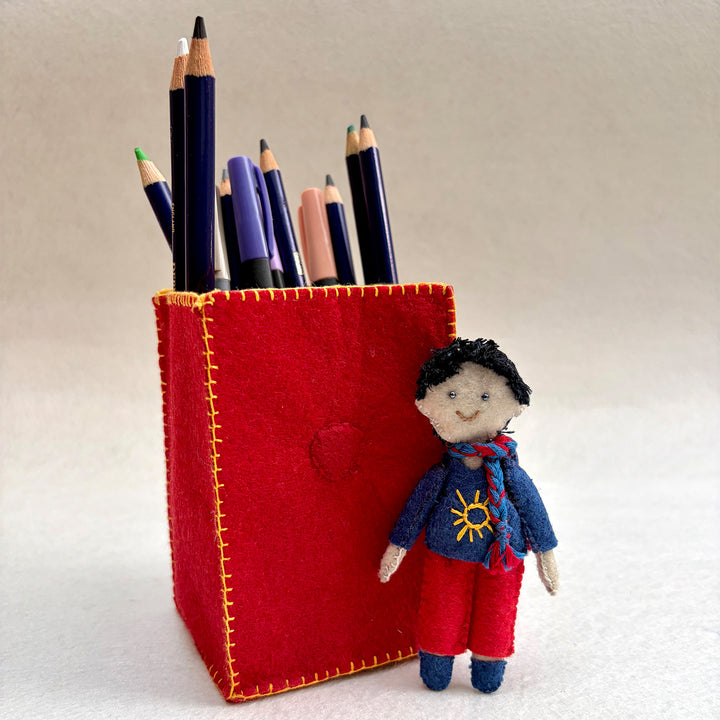 Handmade Maroon & Yellow Pen Stand with Detachable Joy Doll