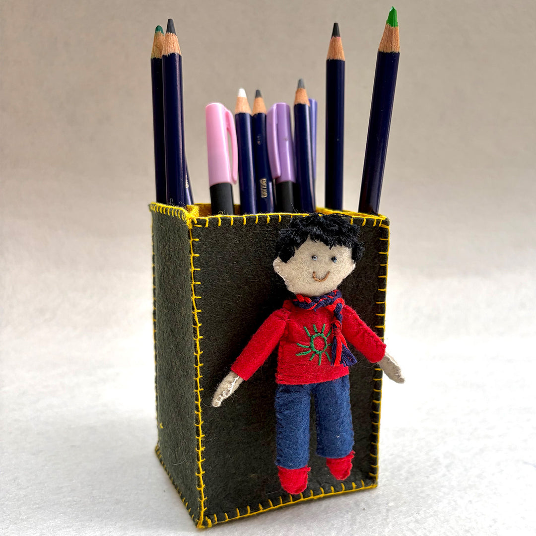 Handmade Mehndi Green & Yellow Pen Stand with Detachable Joy Doll