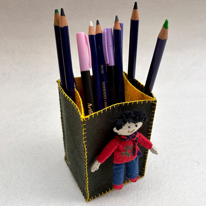 Handmade Mehndi Green & Yellow Pen Stand with Detachable Joy Doll