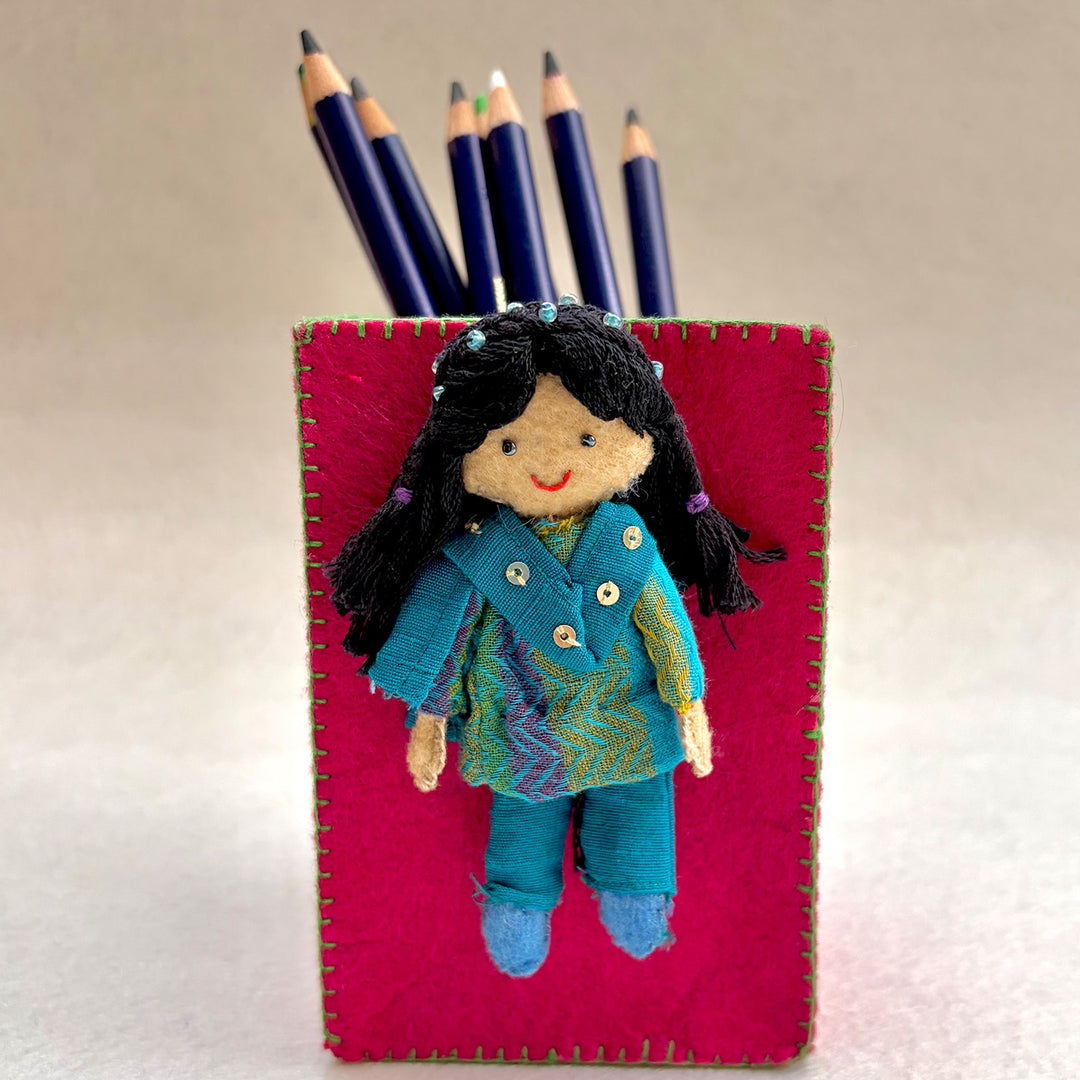 Handmade Pink & Green Pen Stand with Detachable Veera Doll