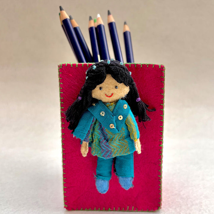 Handmade Pink & Green Pen Stand with Detachable Veera Doll
