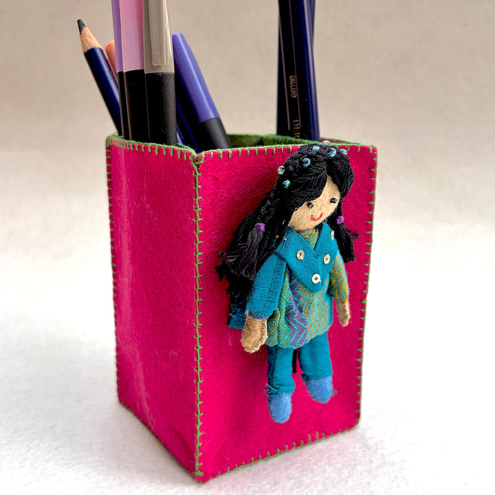 Handmade Pink & Green Pen Stand with Detachable Veera Doll
