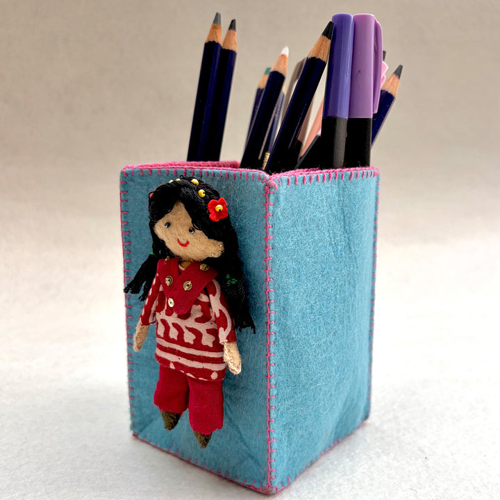 Handmade Turquoise & Pink Pen Stand with Detachable Veera Doll